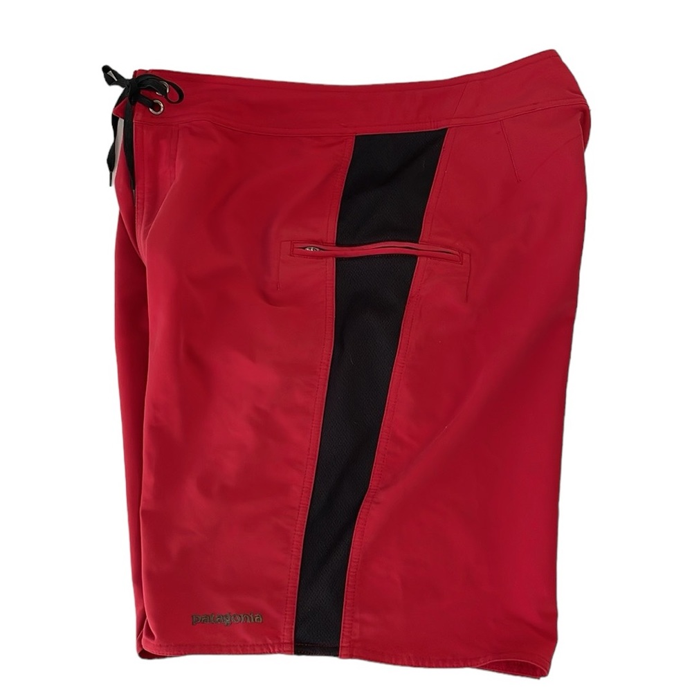 Patagonia men’s Size 32 red and black board swim shorts.